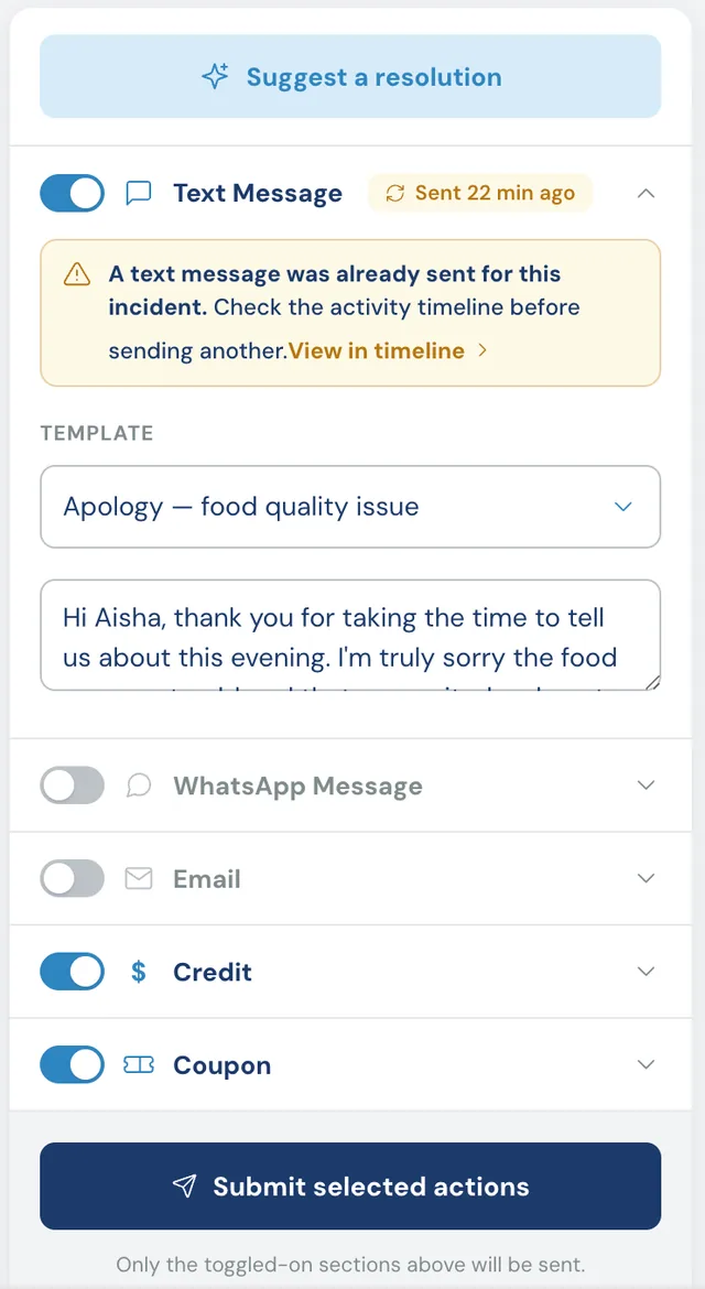 Ownear's recovery view: an AI-suggested apology for a food-quality issue, pre-filled and editable, ready to send to the customer.