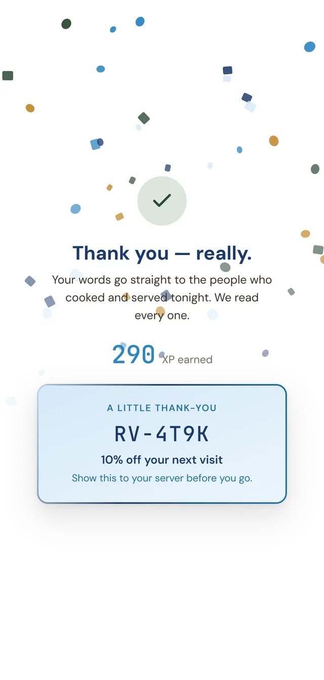 The customer's phone at the end of the conversation: “Thank you — really.”, confetti, 290 XP earned, and a thank-you voucher RV-4T9K for 10% off their next visit.