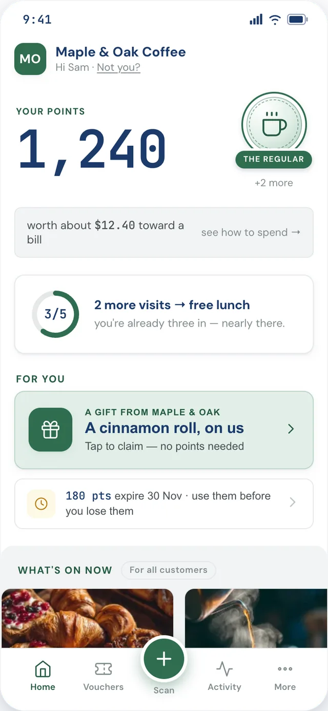 A regular's loyalty wallet in the shop's branding: 1,240 points, the “Regular” tier, and progress toward a free lunch.